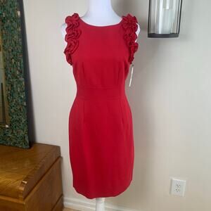 NEW Tahari ASL Size 6 Ruffle Sleeve Scuba Stretch Sheath Dress Red Holiday Party